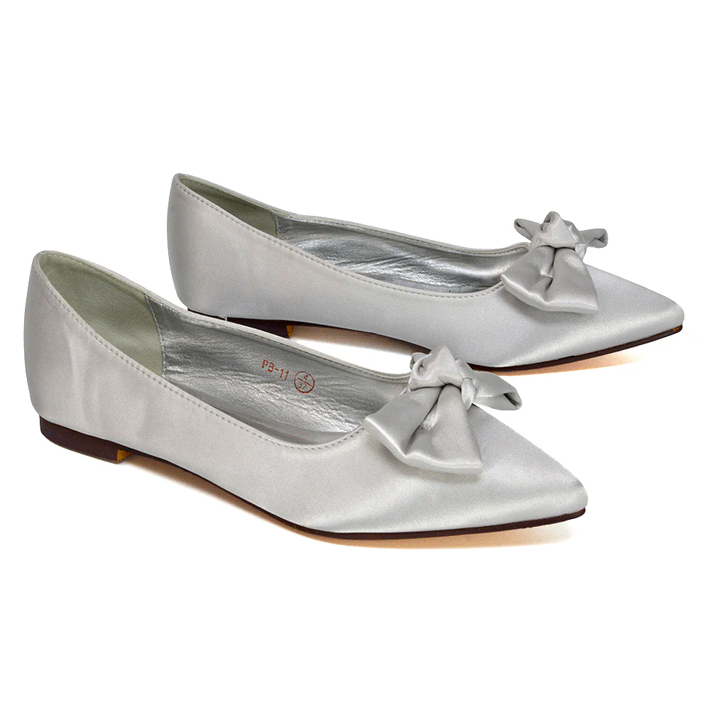 Cally Bow Detail Pointed Toe Ballerina Bridal Flats Pump Shoes in Ivory Satin - Image 139