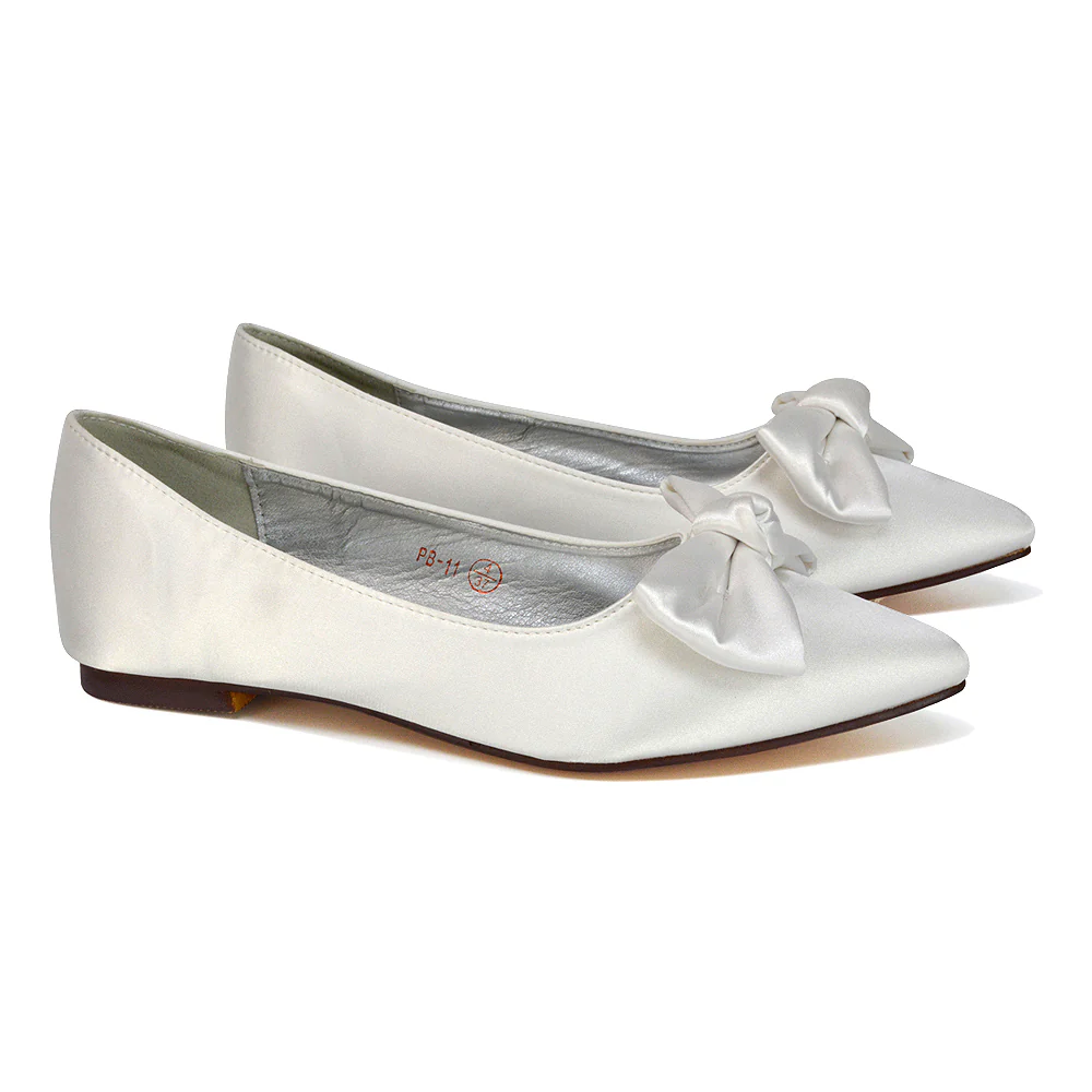 Cally Bow Detail Pointed Toe Ballerina Bridal Flats Pump Shoes in Ivory Satin - Image 40