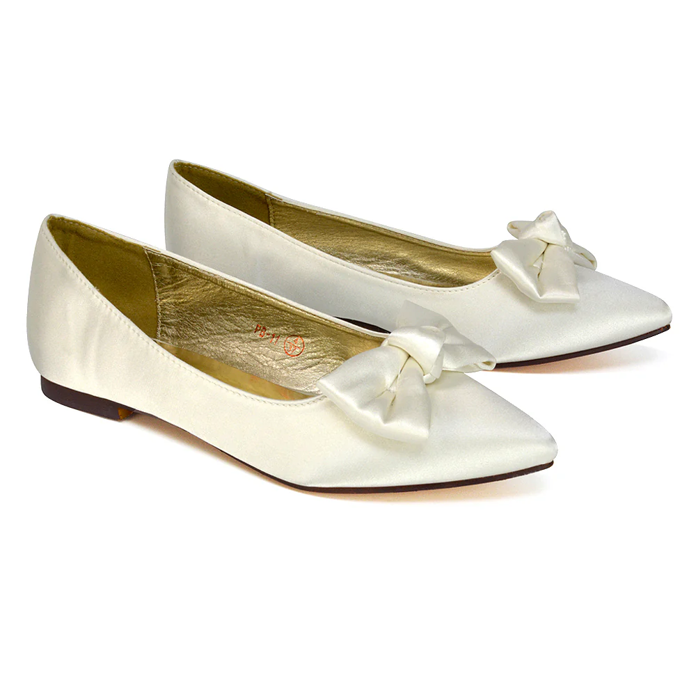 Cally Bow Detail Pointed Toe Ballerina Bridal Flats Pump Shoes in Pink - Image 109