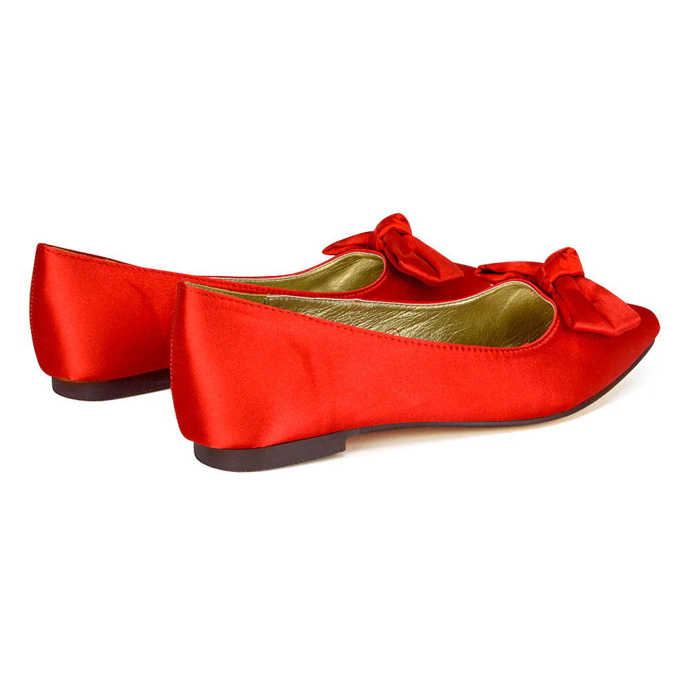 Cally Bow Detail Pointed Toe Ballerina Bridal Flats Pump Shoes in Red