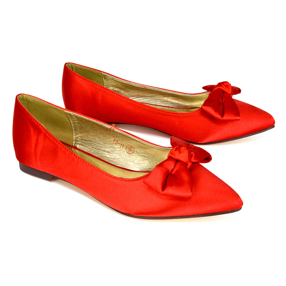 Cally Bow Detail Pointed Toe Ballerina Bridal Flats Pump Shoes in Red - Image 24