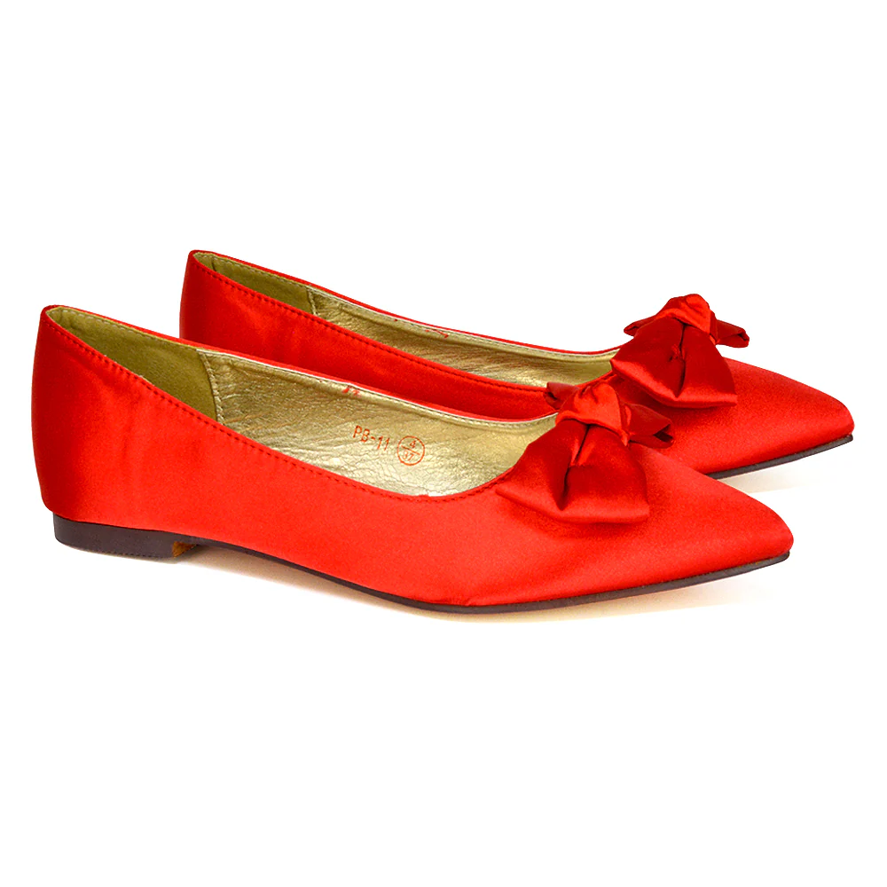 Cally Bow Detail Pointed Toe Ballerina Bridal Flats Pump Shoes in Red - Image 25