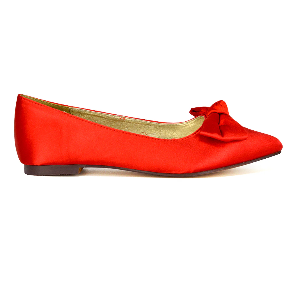 Cally Bow Detail Pointed Toe Ballerina Bridal Flats Pump Shoes in Red - Image 3