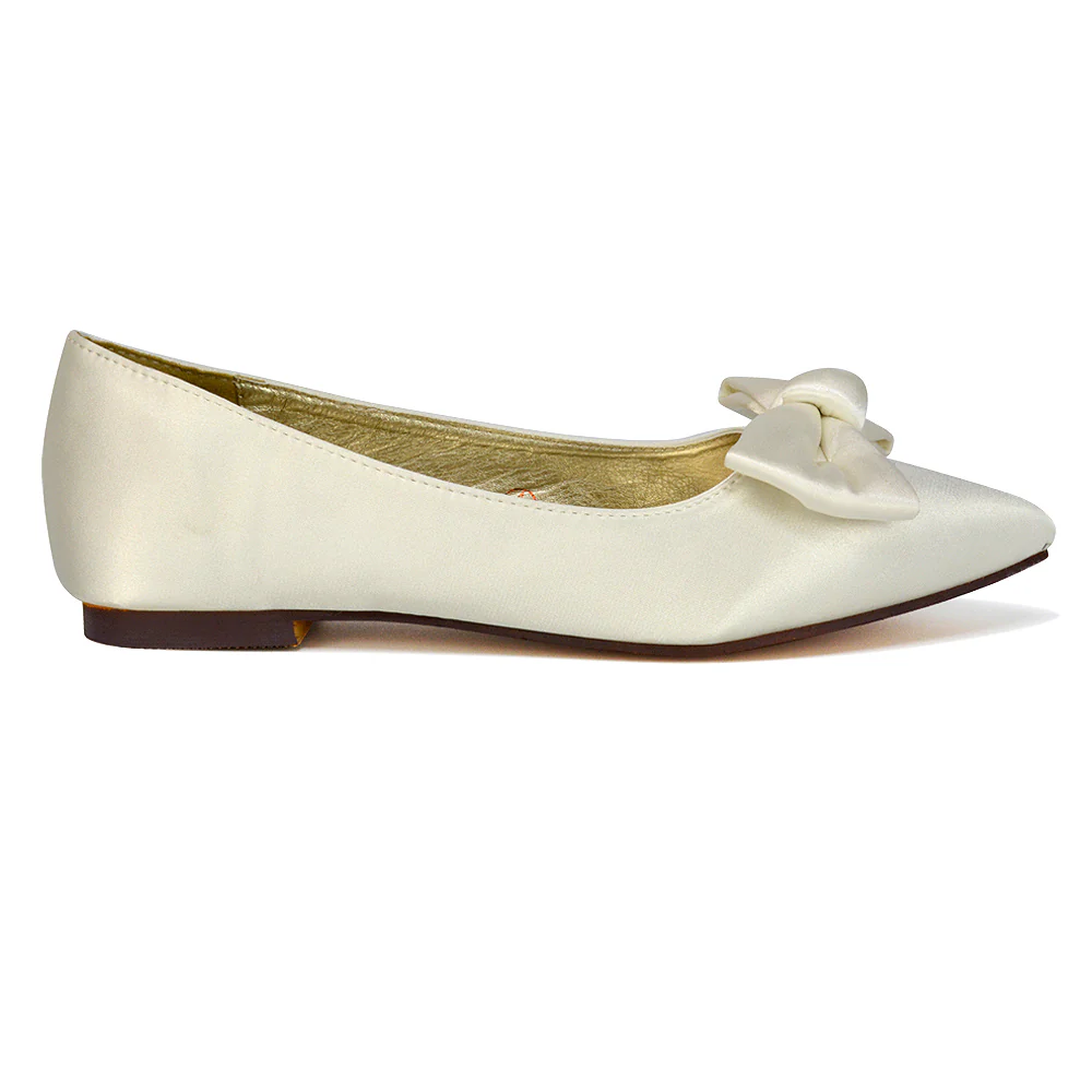 Cally Bow Detail Pointed Toe Ballerina Bridal Flats Pump Shoes in Silver Satin - Image 113