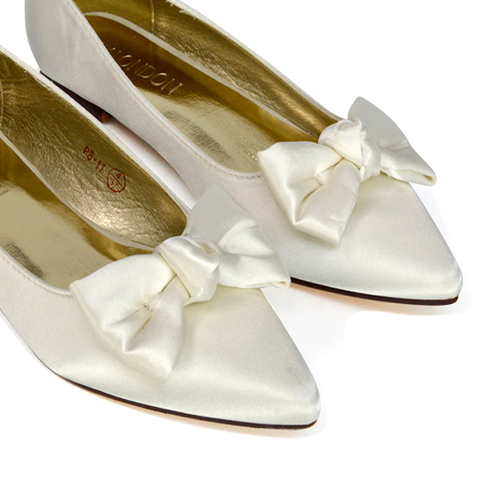 Cally Bow Detail Pointed Toe Ballerina Bridal Flats Pump Shoes in Silver Satin - Image 122