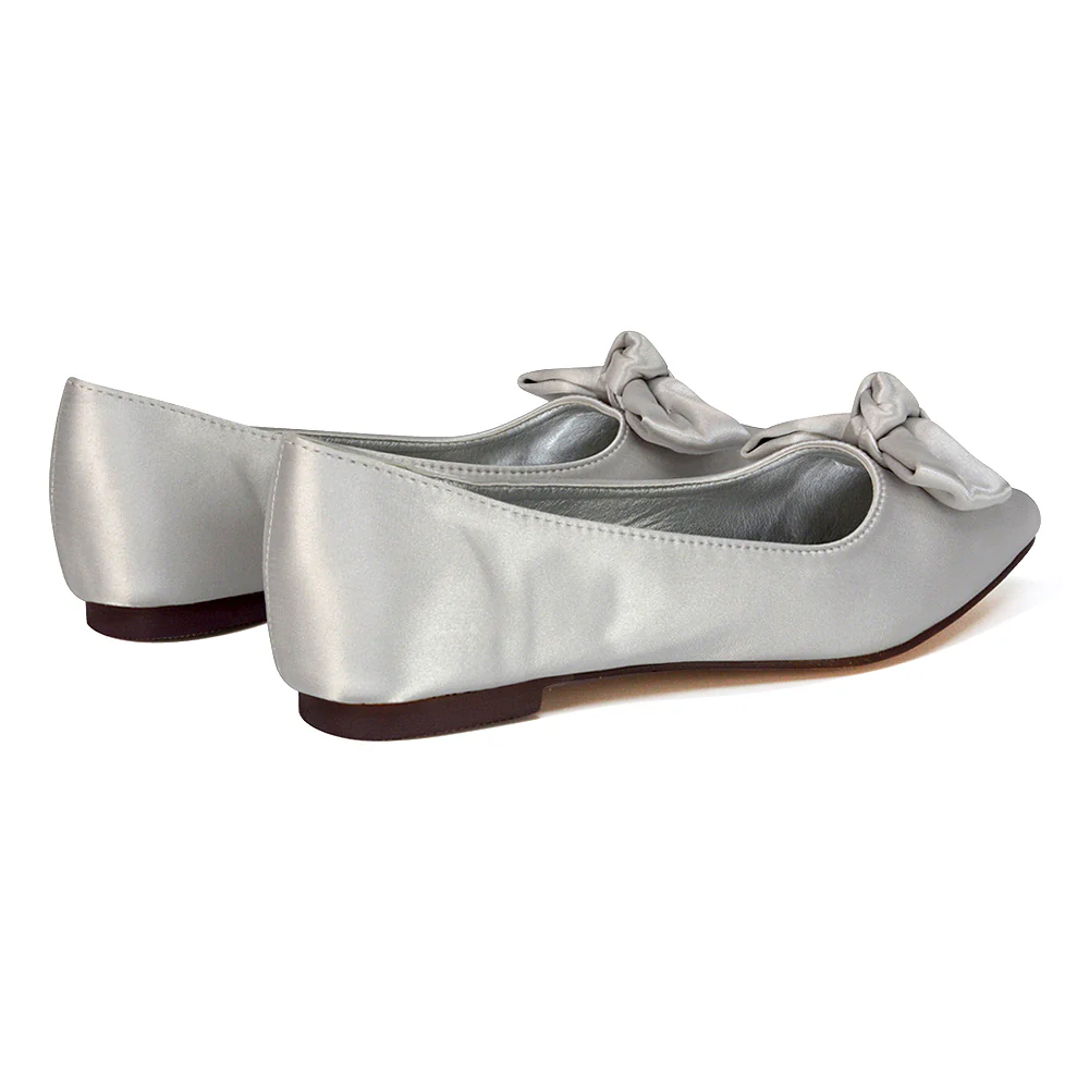 Cally Bow Detail Pointed Toe Ballerina Bridal Flats Pump Shoes in Silver Satin - Image 141