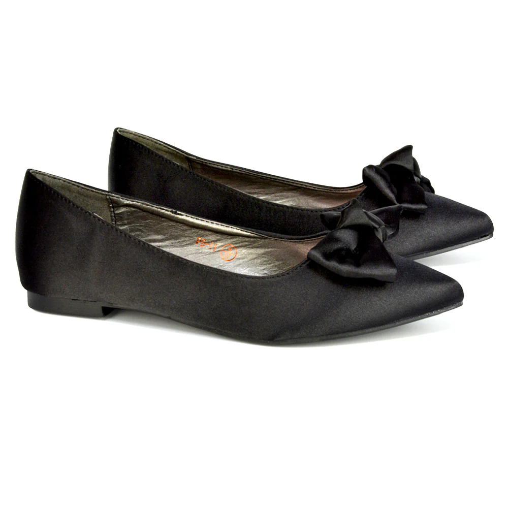 Cally Bow Detail Pointed Toe Ballerina Bridal Flats Pump Shoes in Silver Satin - Image 169
