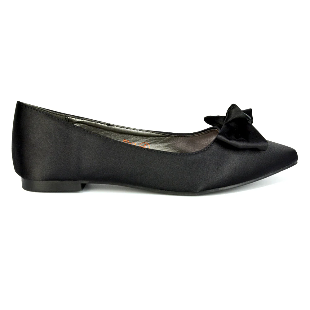 Cally Bow Detail Pointed Toe Ballerina Bridal Flats Pump Shoes in Silver Satin - Image 173