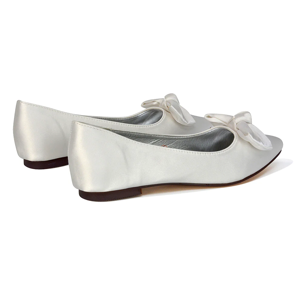 Cally Bow Detail Pointed Toe Ballerina Bridal Flats Pump Shoes in Silver Satin - Image 41