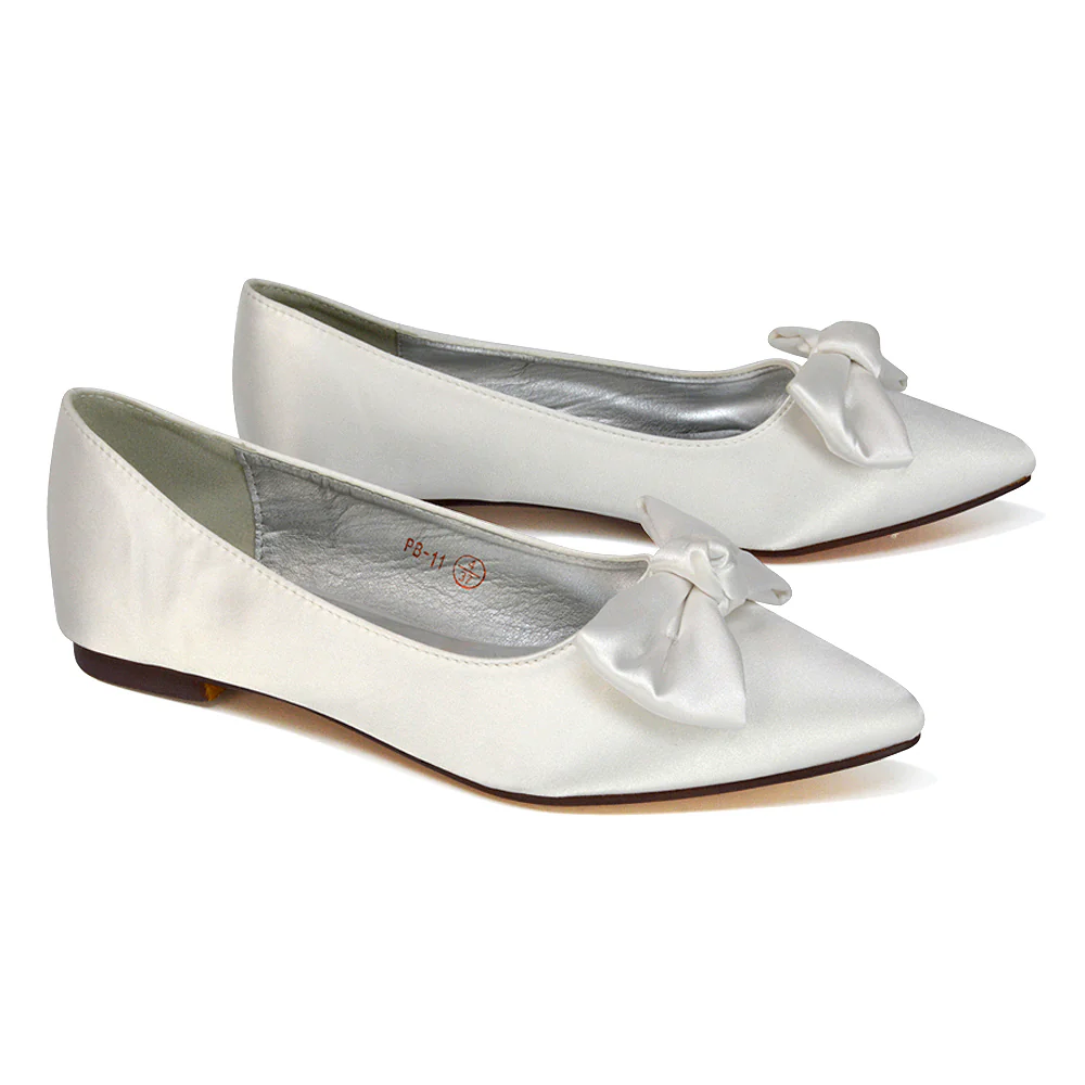 Cally Bow Detail Pointed Toe Ballerina Bridal Flats Pump Shoes in Silver Satin - Image 49