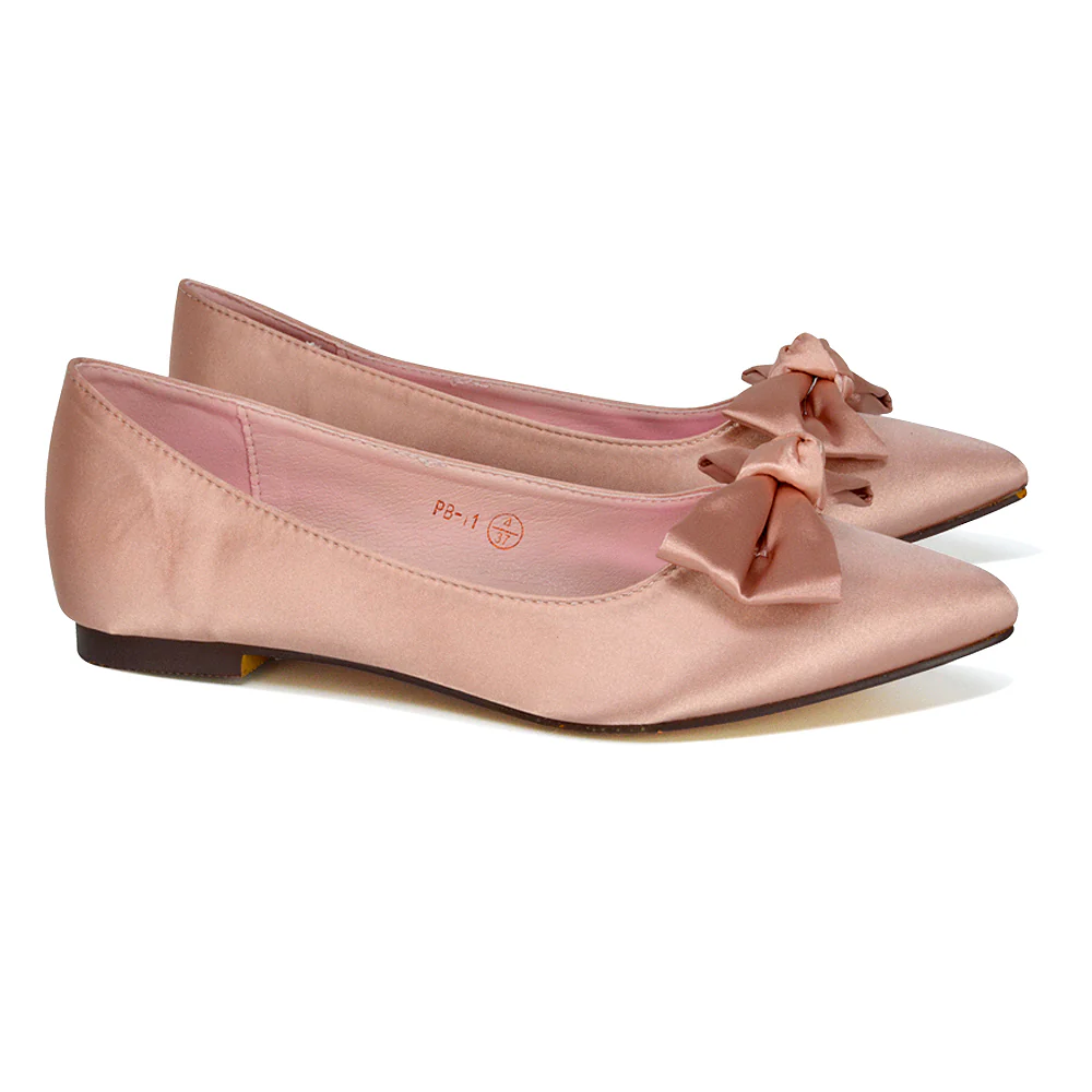 Cally Bow Detail Pointed Toe Ballerina Bridal Flats Pump Shoes in Silver Satin - Image 95