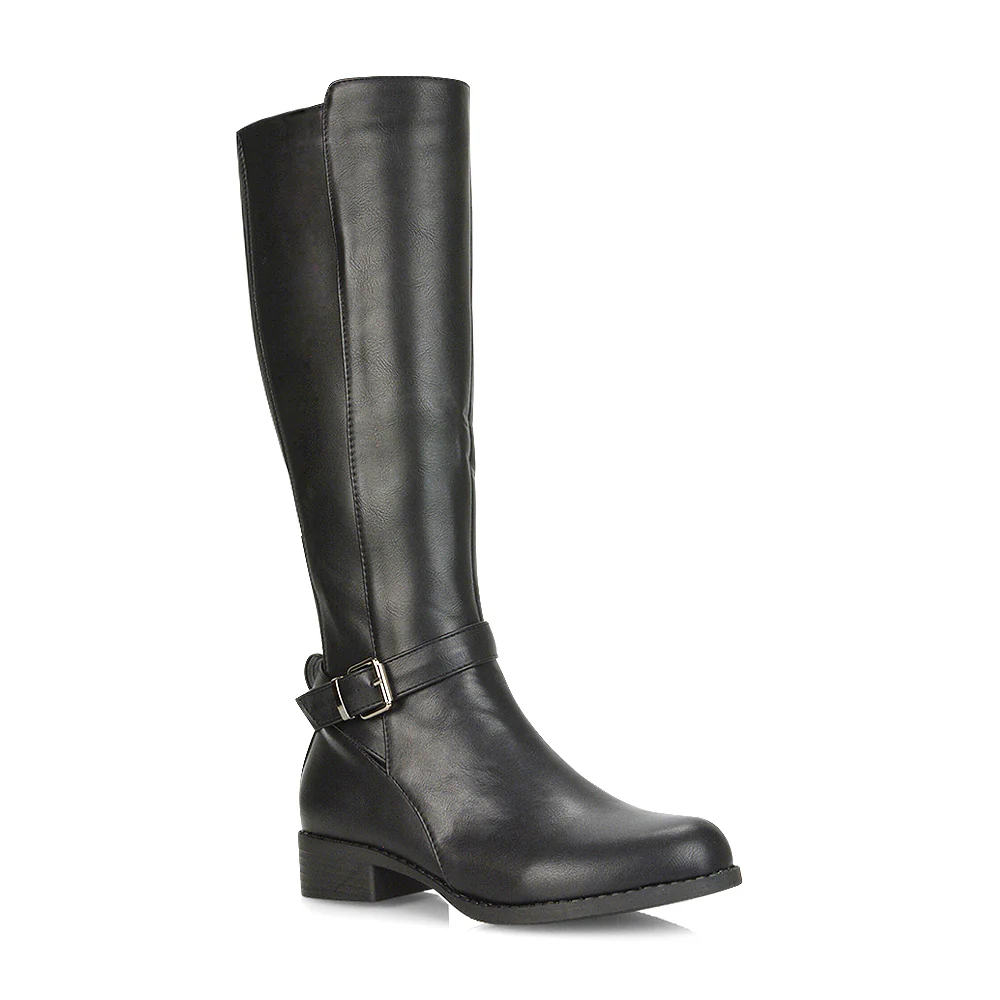 CAMERON BUCKLE STRAP LOW CHUNKY BLOCK HEEL KNEE HIGH RIDING BOOTS IN BLACK PU - Image 13