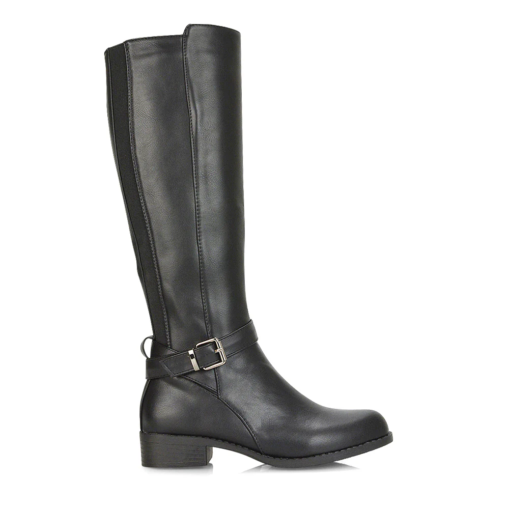 CAMERON BUCKLE STRAP LOW CHUNKY BLOCK HEEL KNEE HIGH RIDING BOOTS IN BLACK PU - Image 2