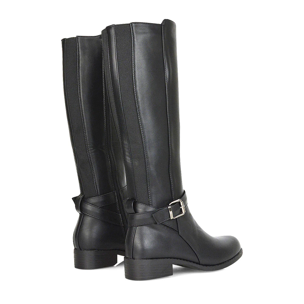 CAMERON BUCKLE STRAP LOW CHUNKY BLOCK HEEL KNEE HIGH RIDING BOOTS IN BLACK PU - Image 26
