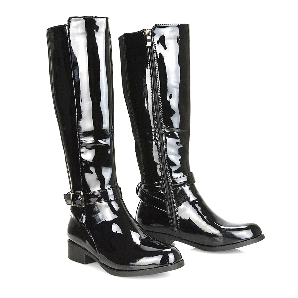 CAMERON BUCKLE STRAP LOW CHUNKY BLOCK HEEL KNEE HIGH RIDING BOOTS IN BLACK PU - Image 42