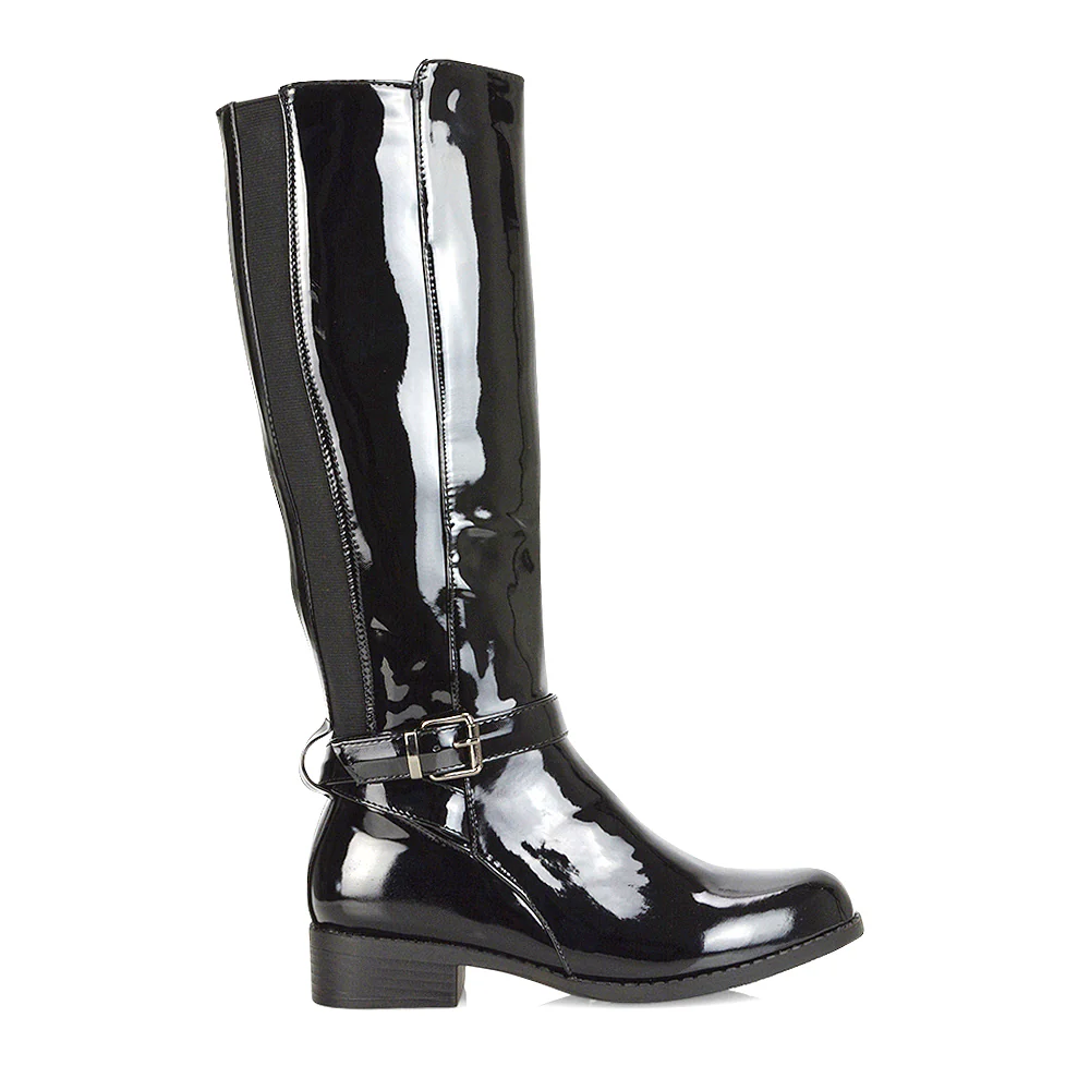 CAMERON BUCKLE STRAP LOW CHUNKY BLOCK HEEL KNEE HIGH RIDING BOOTS IN BLACK PU - Image 49
