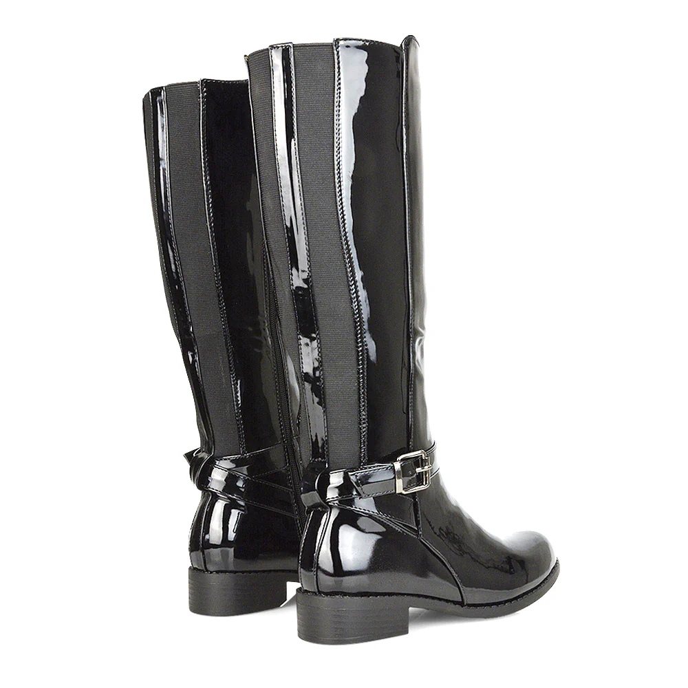 CAMERON BUCKLE STRAP LOW CHUNKY BLOCK HEEL KNEE HIGH RIDING BOOTS IN BLACK PU - Image 66