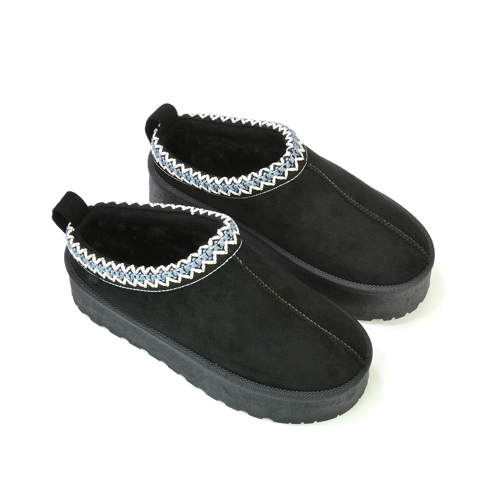 Candice Aztec Slip On Faux Fur Insole Platform Flatform Slipper Ultra Mini Boots in Black - Image 120