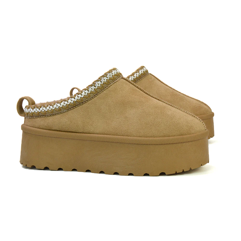 Candice Aztec Slip On Faux Fur Insole Platform Flatform Slipper Ultra Mini Boots in Chestnut - Image 84