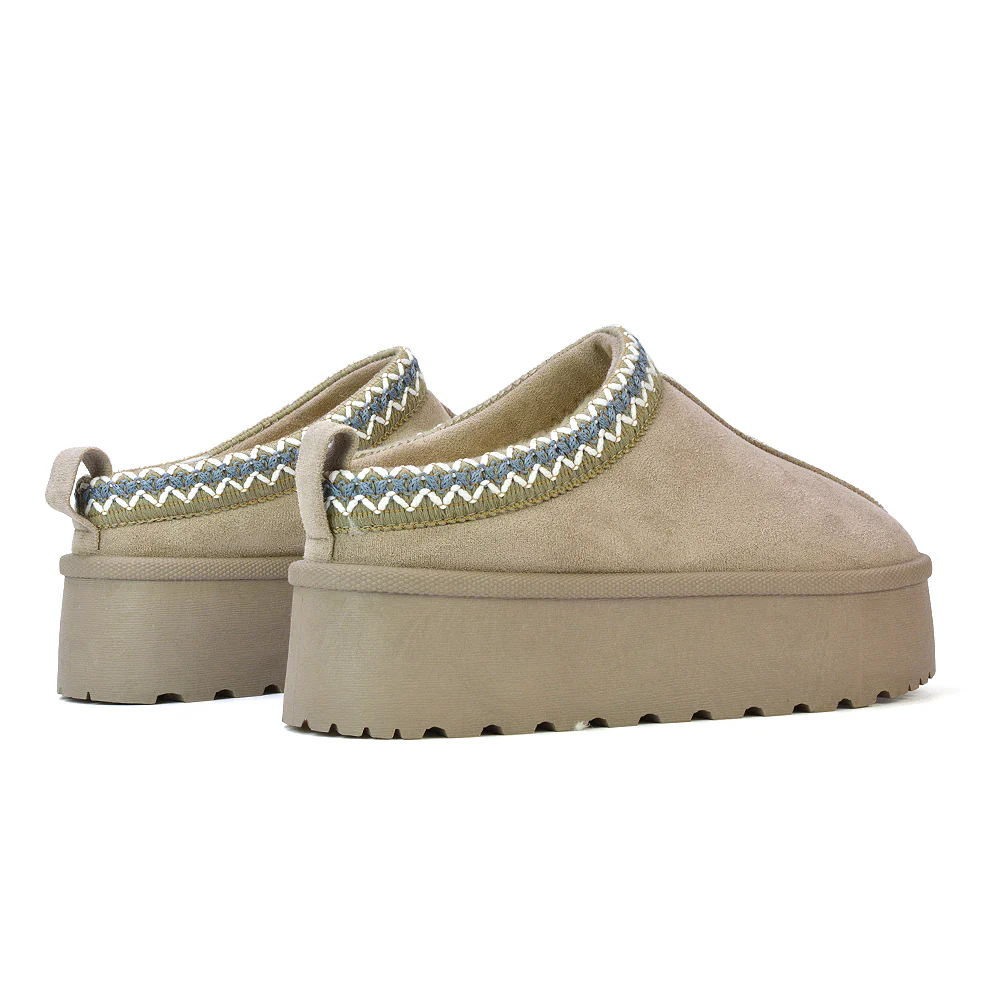 Candice Aztec Slip On Faux Fur Insole Platform Flatform Slipper Ultra Mini Boots in Mushroom - Image 10