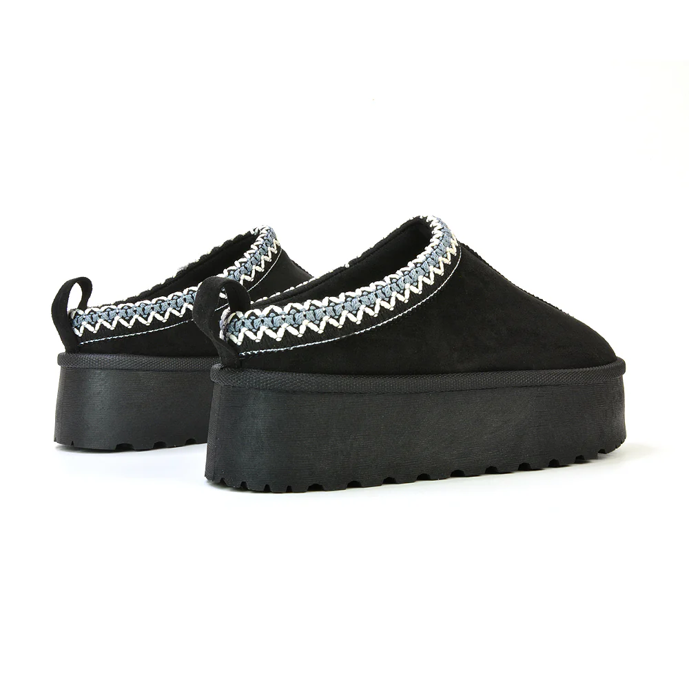 Candice Aztec Slip On Faux Fur Insole Platform Flatform Slipper Ultra Mini Boots in Mushroom - Image 112