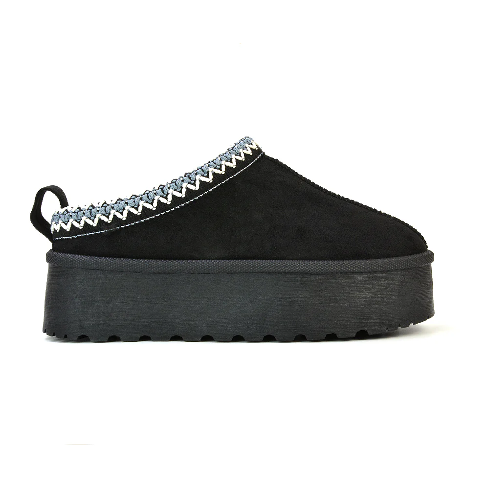 Candice Aztec Slip On Faux Fur Insole Platform Flatform Slipper Ultra Mini Boots in Mushroom - Image 113