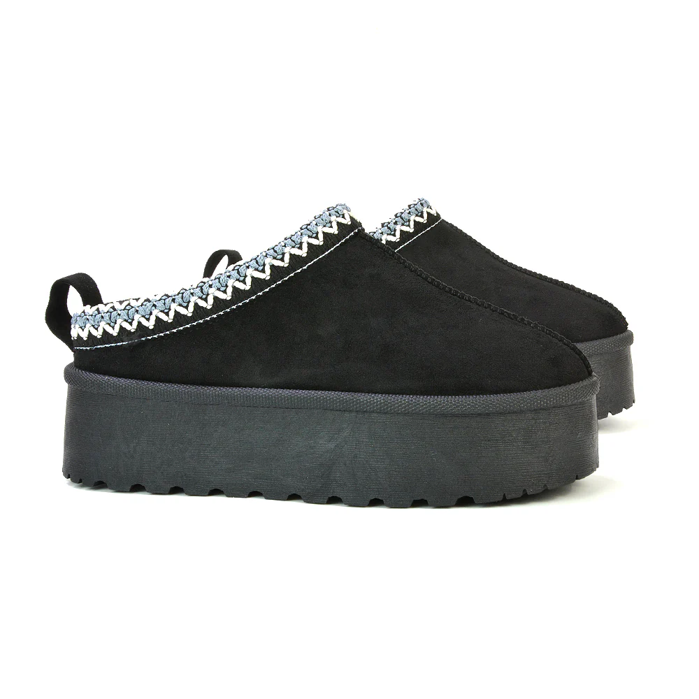 Candice Aztec Slip On Faux Fur Insole Platform Flatform Slipper Ultra Mini Boots in Mushroom - Image 119
