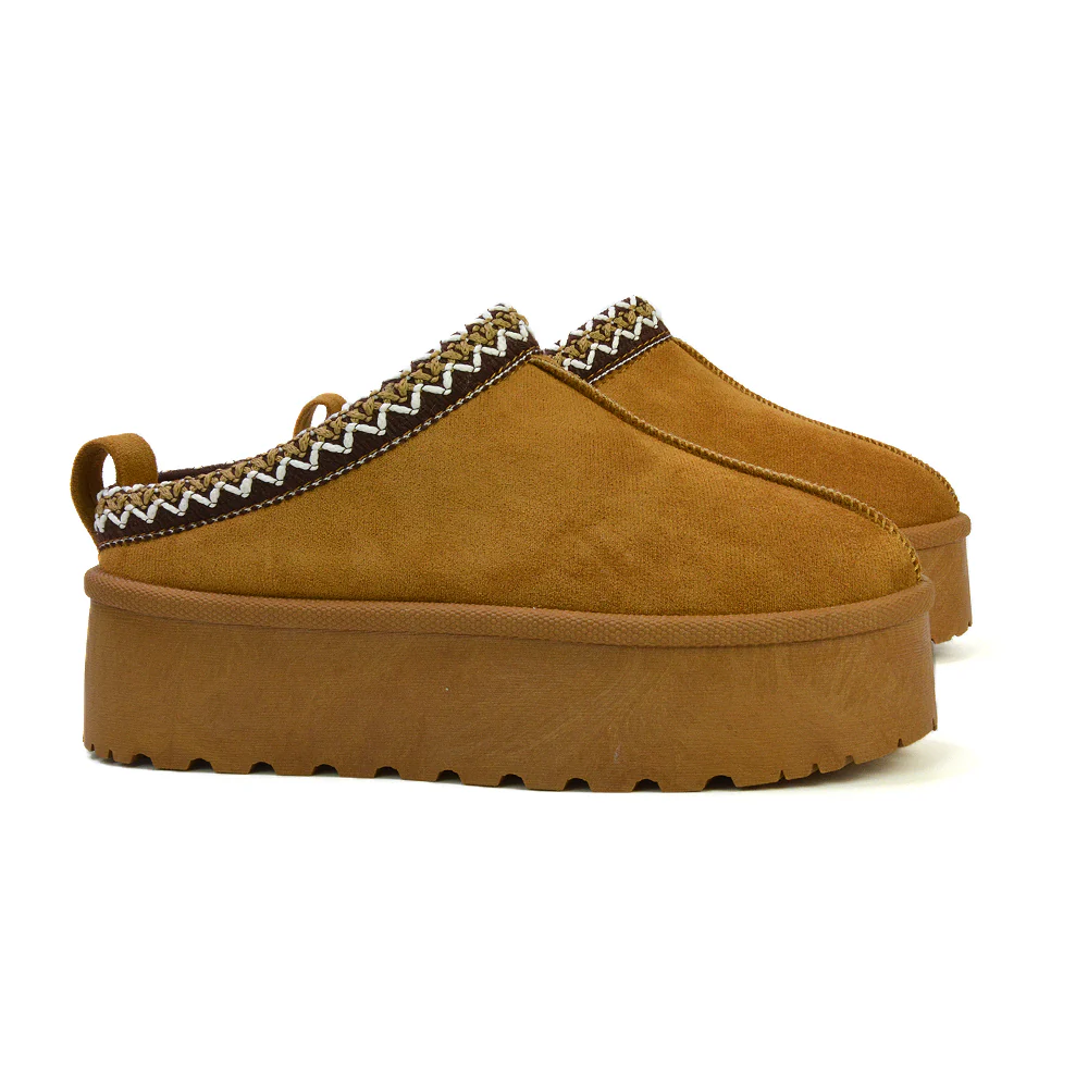 Candice Aztec Slip On Faux Fur Insole Platform Flatform Slipper Ultra Mini Boots in Mushroom - Image 26