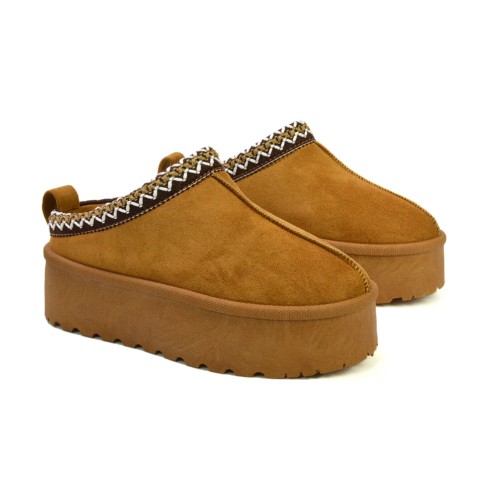 Candice Aztec Slip On Faux Fur Insole Platform Flatform Slipper Ultra Mini Boots in Mushroom - Image 28