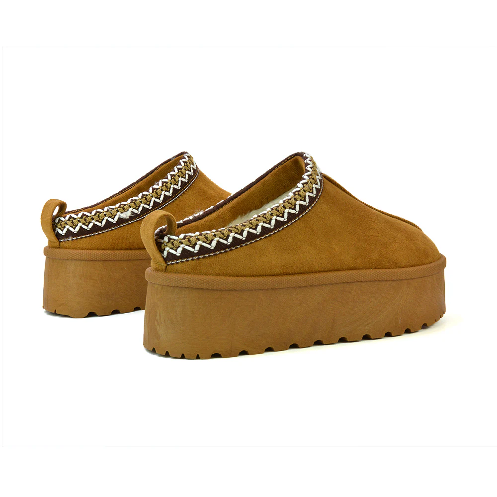 Candice Aztec Slip On Faux Fur Insole Platform Flatform Slipper Ultra Mini Boots in Mushroom - Image 34