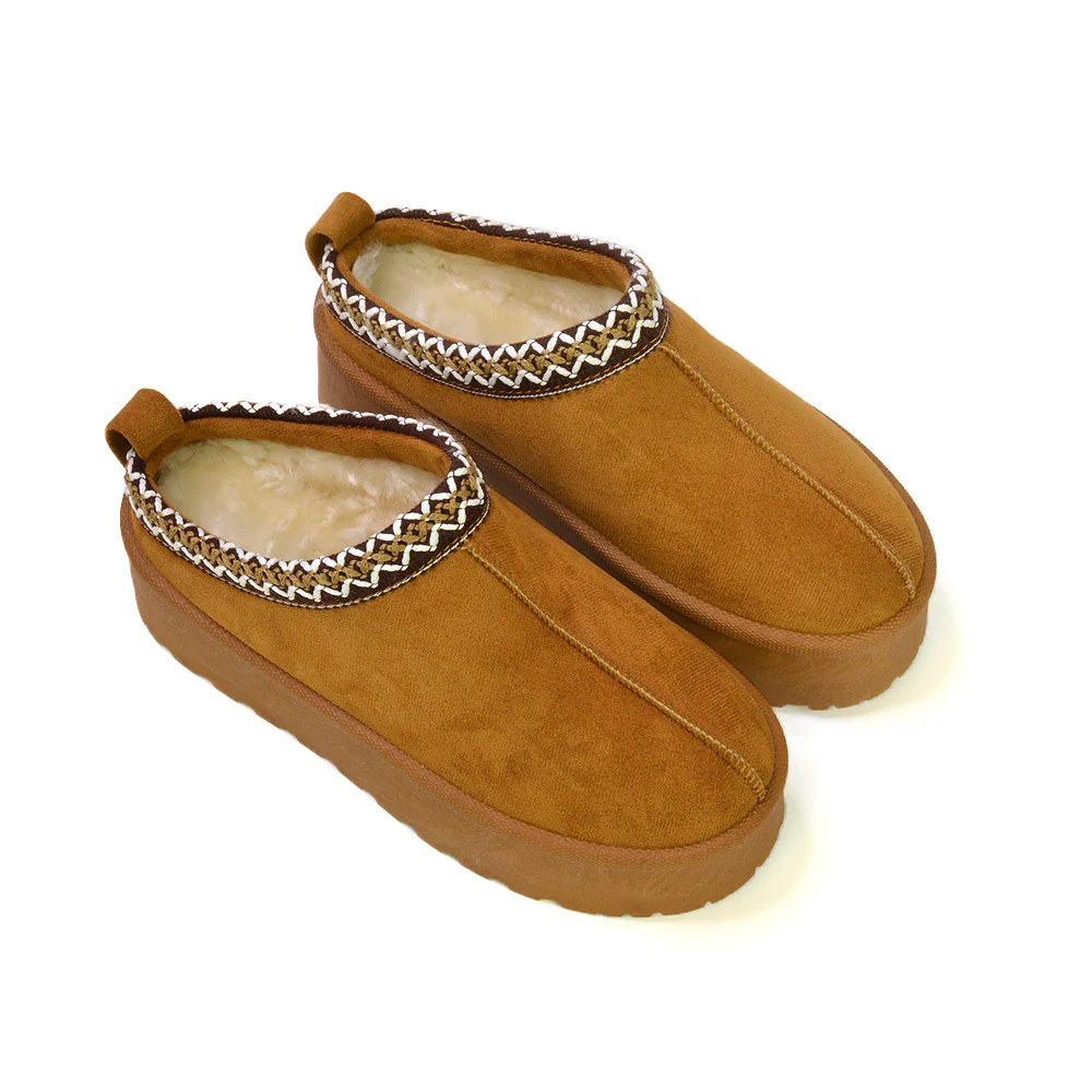 Candice Aztec Slip On Faux Fur Insole Platform Flatform Slipper Ultra Mini Boots in Mushroom - Image 42