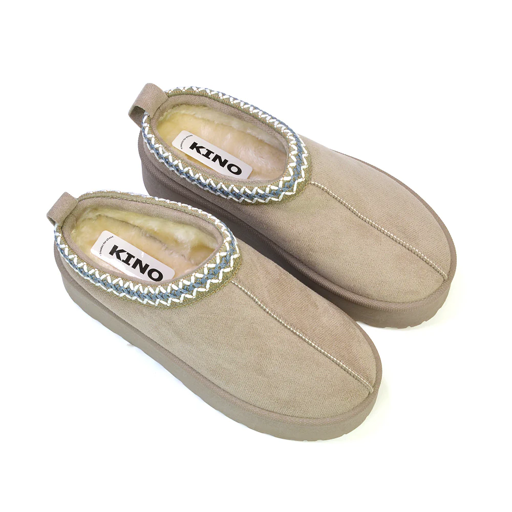 Candice Aztec Slip On Faux Fur Insole Platform Flatform Slipper Ultra Mini Boots in Mushroom - Image 56