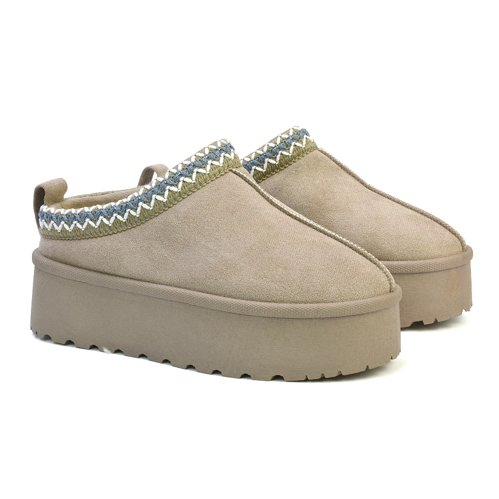 Candice Aztec Slip On Faux Fur Insole Platform Flatform Slipper Ultra Mini Boots in Mushroom - Image 62