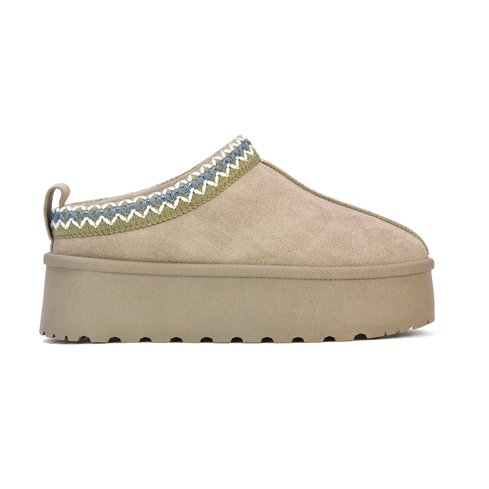 Candice Aztec Slip On Faux Fur Insole Platform Flatform Slipper Ultra Mini Boots in Mushroom - Image 64