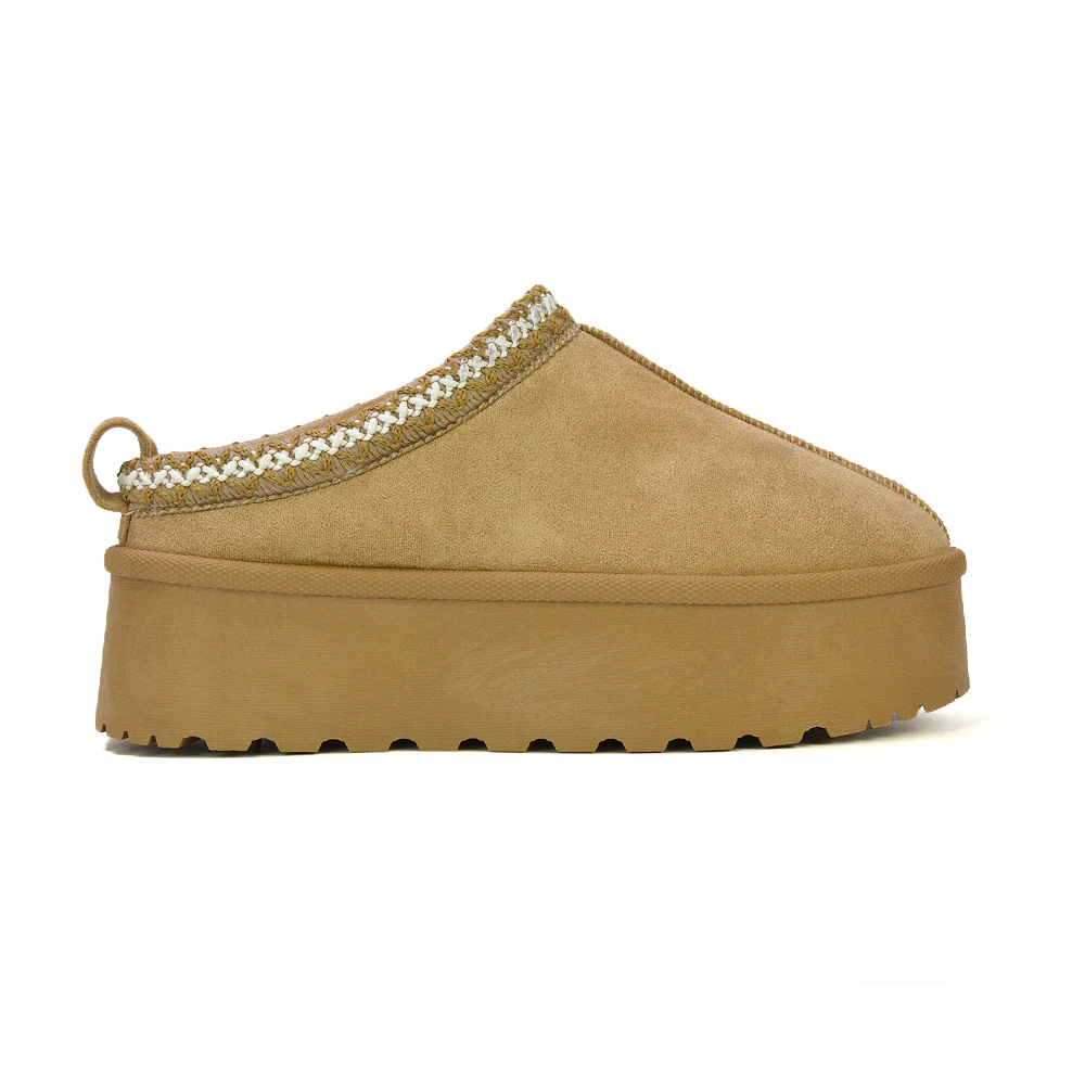 Candice Aztec Slip On Faux Fur Insole Platform Flatform Slipper Ultra Mini Boots in Mushroom - Image 74