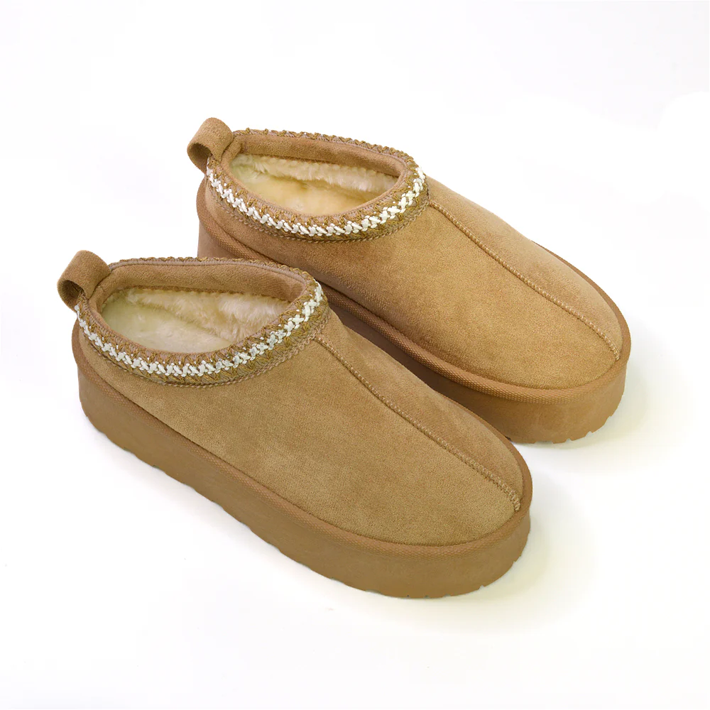 Candice Aztec Slip On Faux Fur Insole Platform Flatform Slipper Ultra Mini Boots in Mushroom - Image 95