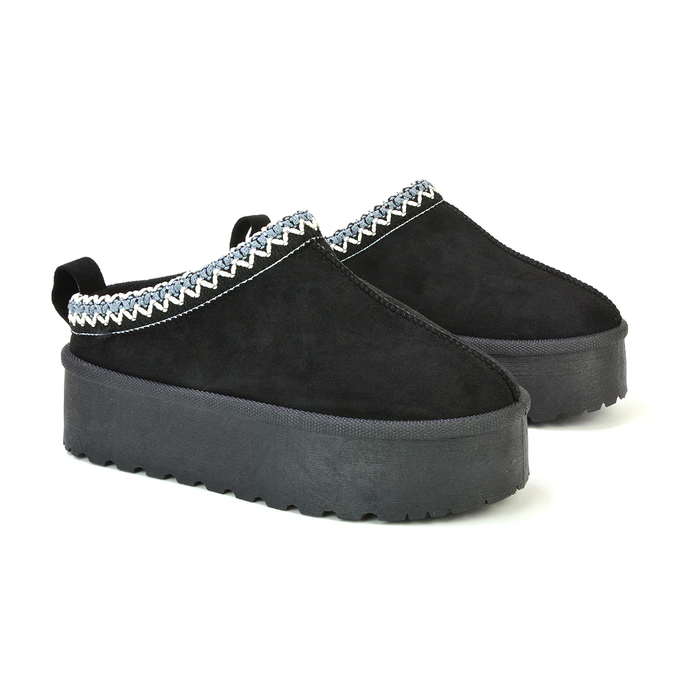 Candice Aztec Slip On Faux Fur Insole Platform Flatform Slipper Ultra Mini Boots in Sand - Image 111