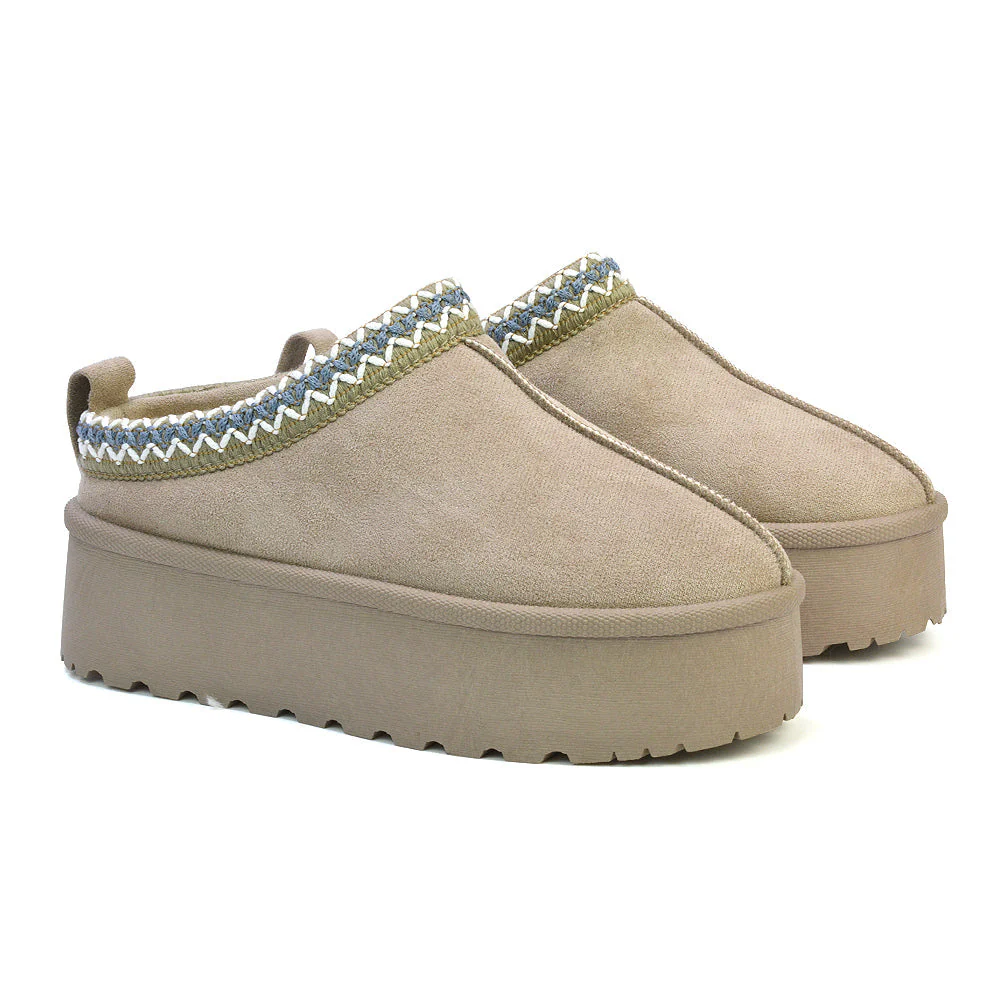 Candice Aztec Slip On Faux Fur Insole Platform Flatform Slipper Ultra Mini Boots in Sand - Image 2