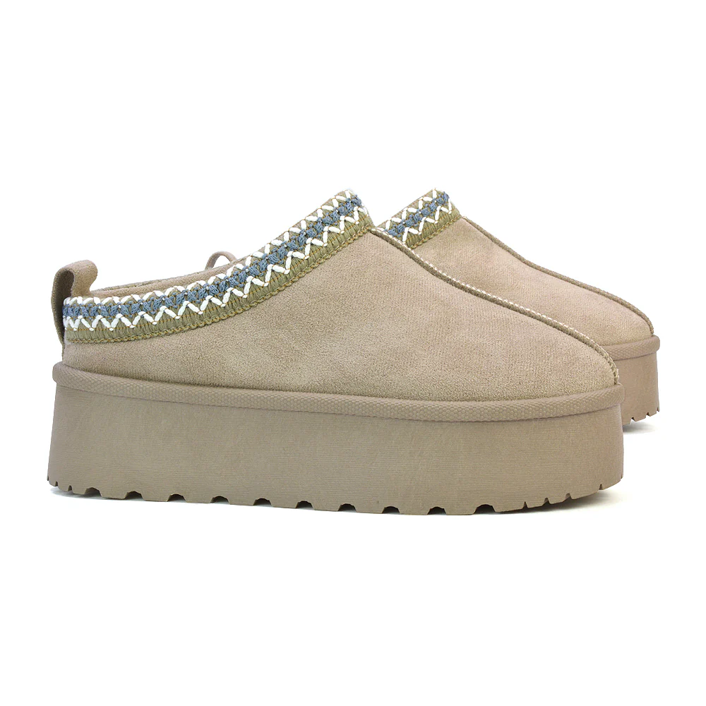 Candice Aztec Slip On Faux Fur Insole Platform Flatform Slipper Ultra Mini Boots in Sand - Image 65