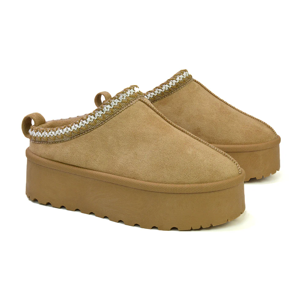Candice Aztec Slip On Faux Fur Insole Platform Flatform Slipper Ultra Mini Boots in Sand - Image 82