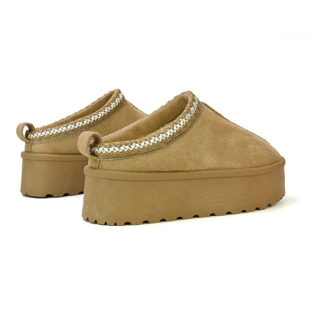 Candice Aztec Slip On Faux Fur Insole Platform Flatform Slipper Ultra Mini Boots in Sand - Image 97