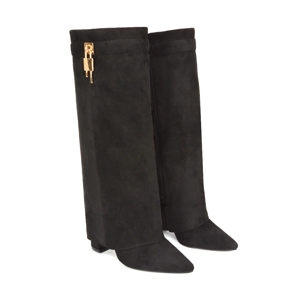 Cara Lock Fold Over Block High Heel Pointed Toe Knee High Boots In Black Faux Suede - Image 5