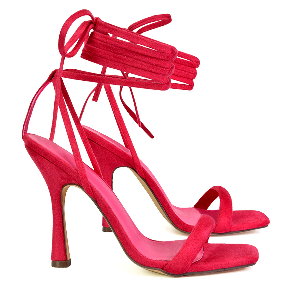 Caryn Faux Suede Lace Up Square Toe Strappy Stiletto High Heels in Black - Image 80