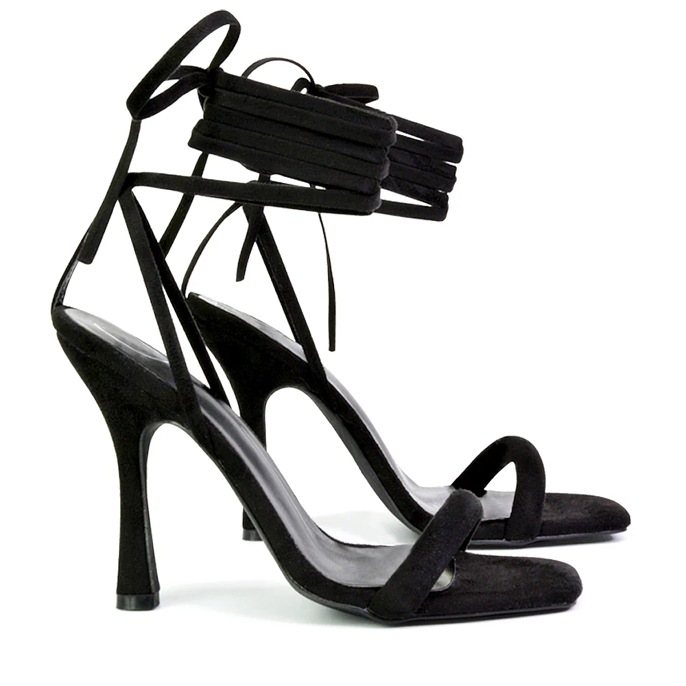 Caryn Faux Suede Lace Up Square Toe Strappy Stiletto High Heels in Green - Image 112