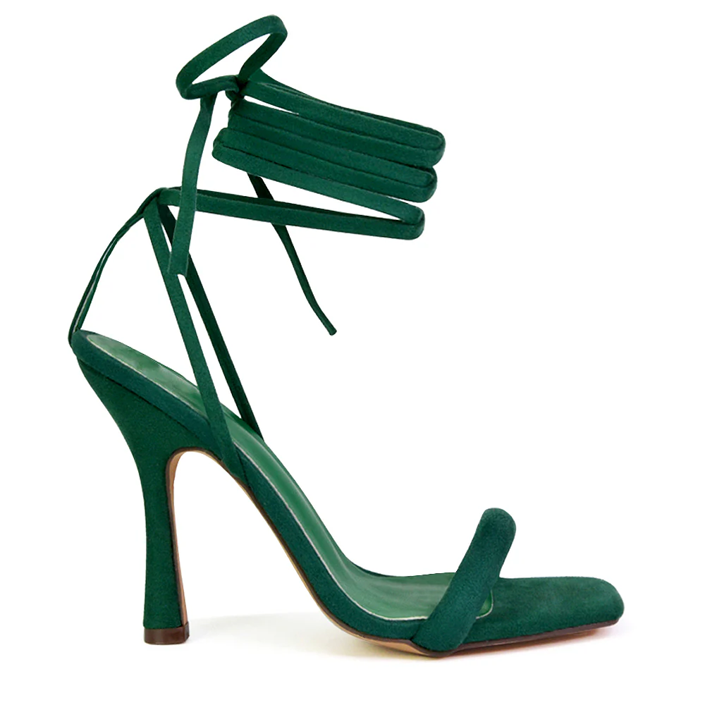 Caryn Faux Suede Lace Up Square Toe Strappy Stiletto High Heels in Green - Image 3