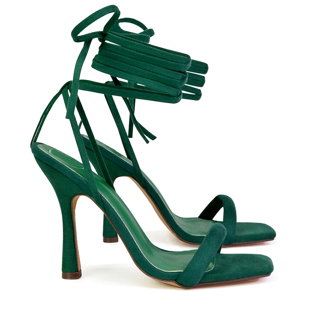 Caryn Faux Suede Lace Up Square Toe Strappy Stiletto High Heels in Green - Image 32