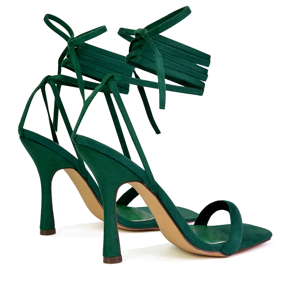Caryn Faux Suede Lace Up Square Toe Strappy Stiletto High Heels in Green - Image 38