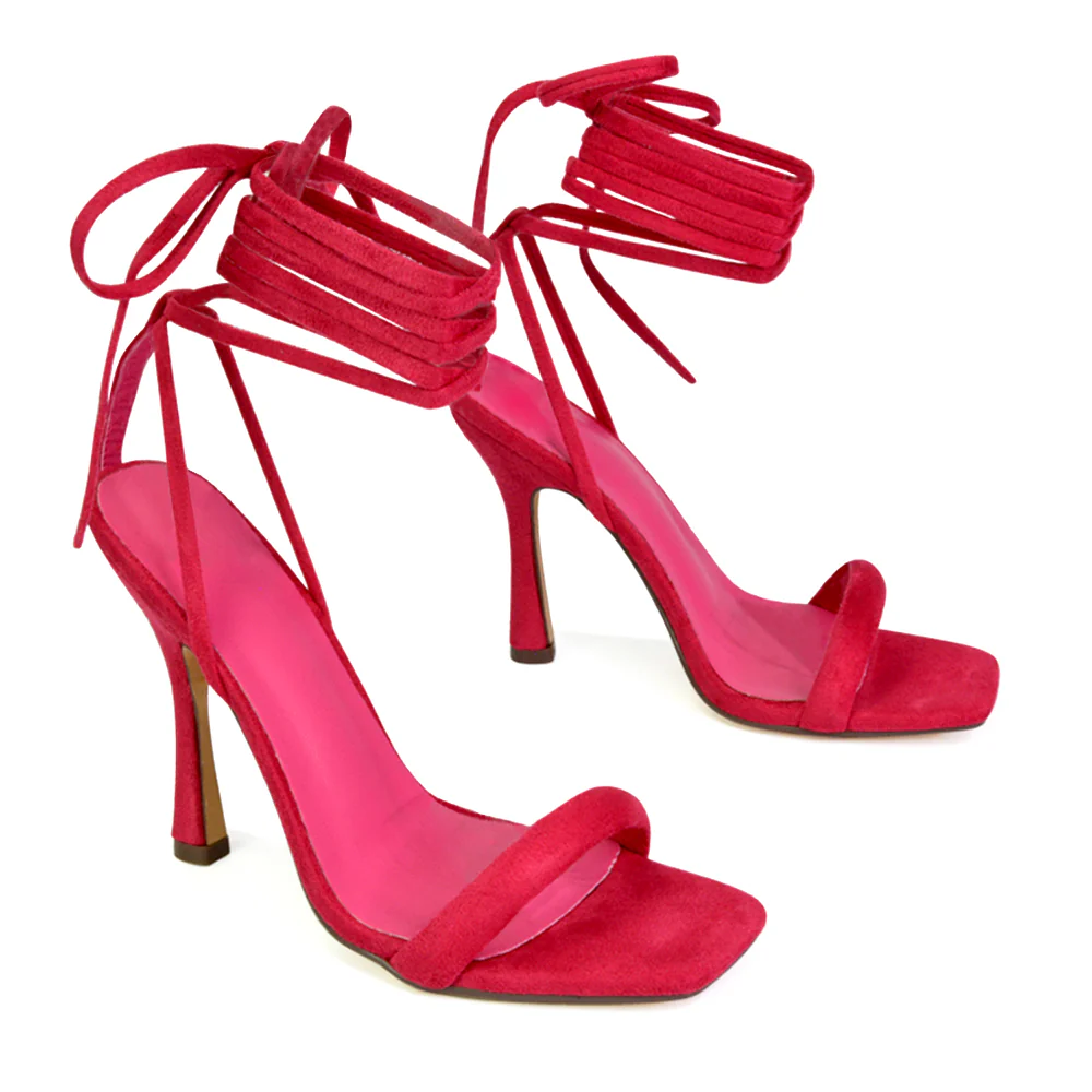 Caryn Faux Suede Lace Up Square Toe Strappy Stiletto High Heels in Green - Image 85