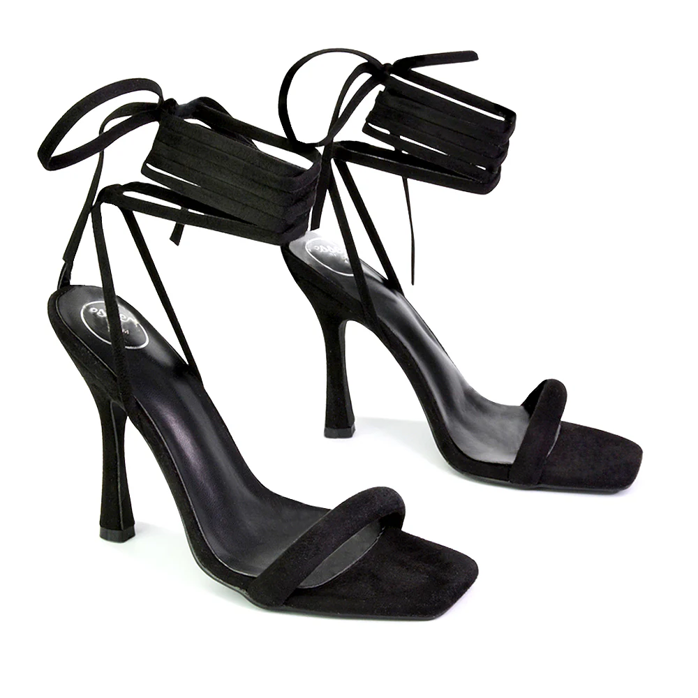Caryn Faux Suede Lace Up Square Toe Strappy Stiletto High Heels in White - Image 113