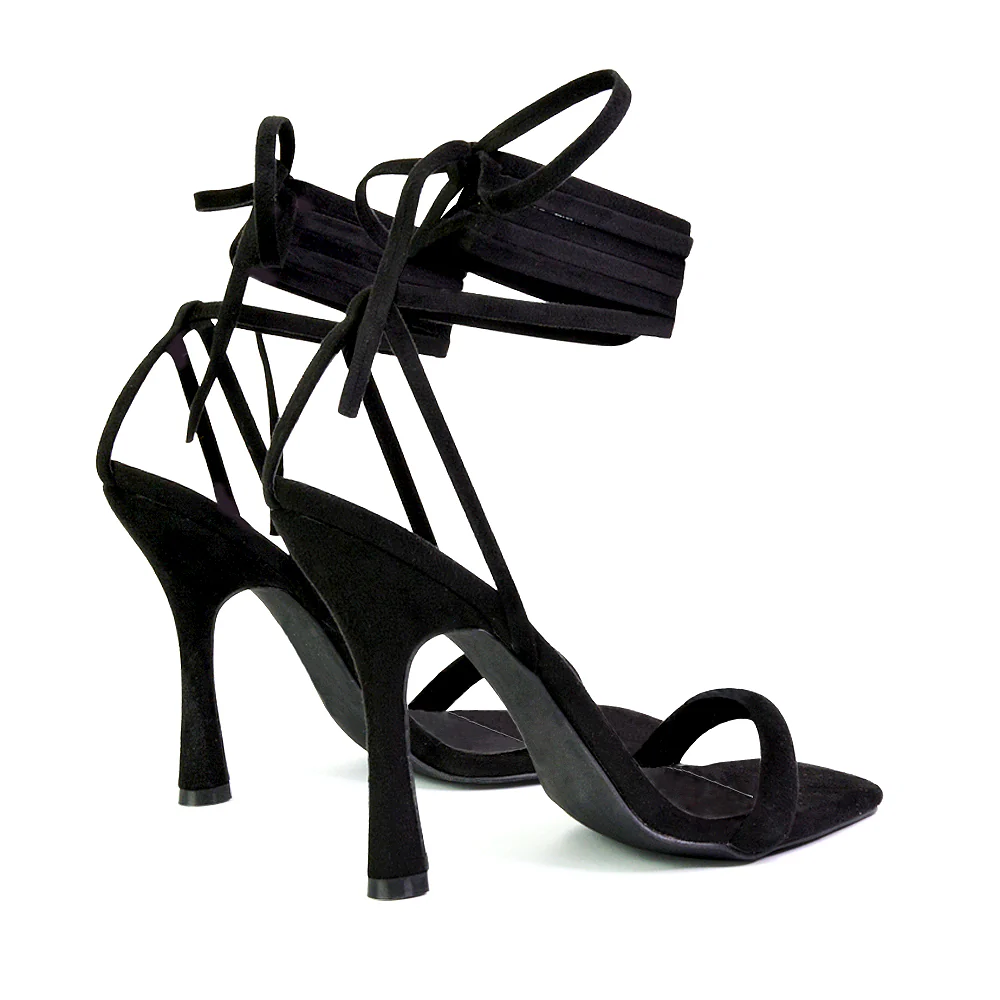 Caryn Faux Suede Lace Up Square Toe Strappy Stiletto High Heels in White - Image 122